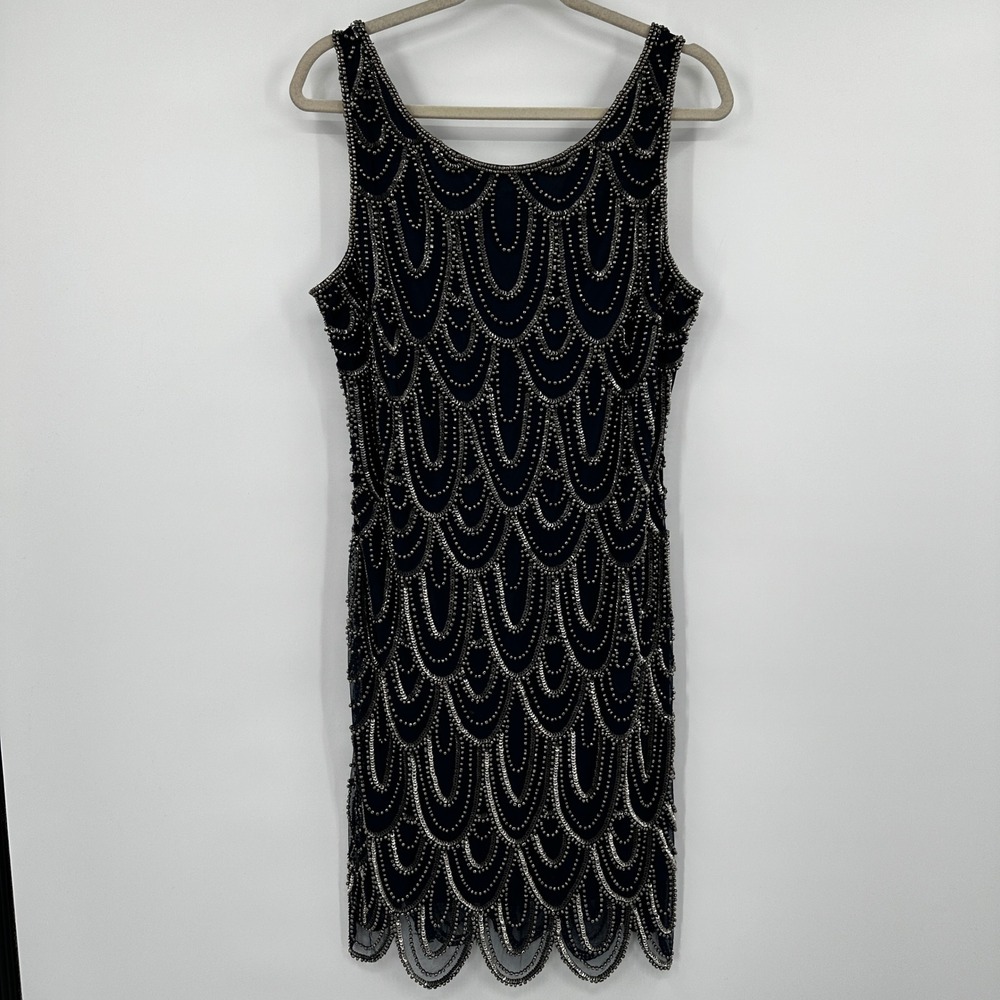 Pisarro Nights Black Beaded Sequin Flapper Dress Art Deco Style Size 14 Cocktail